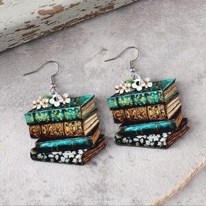 Vintage Book Stack Earrings with Floral Accents, NEW, Dangle pierced style